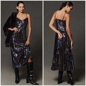 Anthropologie Maeve Spaghetti Sequin Dress Medium Navy Sparkle Midi Glam NWT